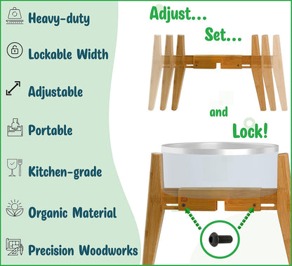 Dog Bowl Stand (14-inch High) - Ideal for Large Breeds, Use to Elevate, Raise Pet Dishes, Water Fountains and Slow Feeders - Adjustable Sideways, Bamboo - (Bowls not Included)