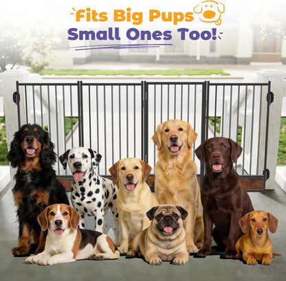 Freestanding Short Dog Gate, 16" Tall Pet Gate Indoor with Support Feet Easily Step Over, 4 Panel Metal Wood Foldable Pet Dog Gate, Up to 48" Wide Puppy Fence, Puppy Gate for for Doorway&Hallway Black