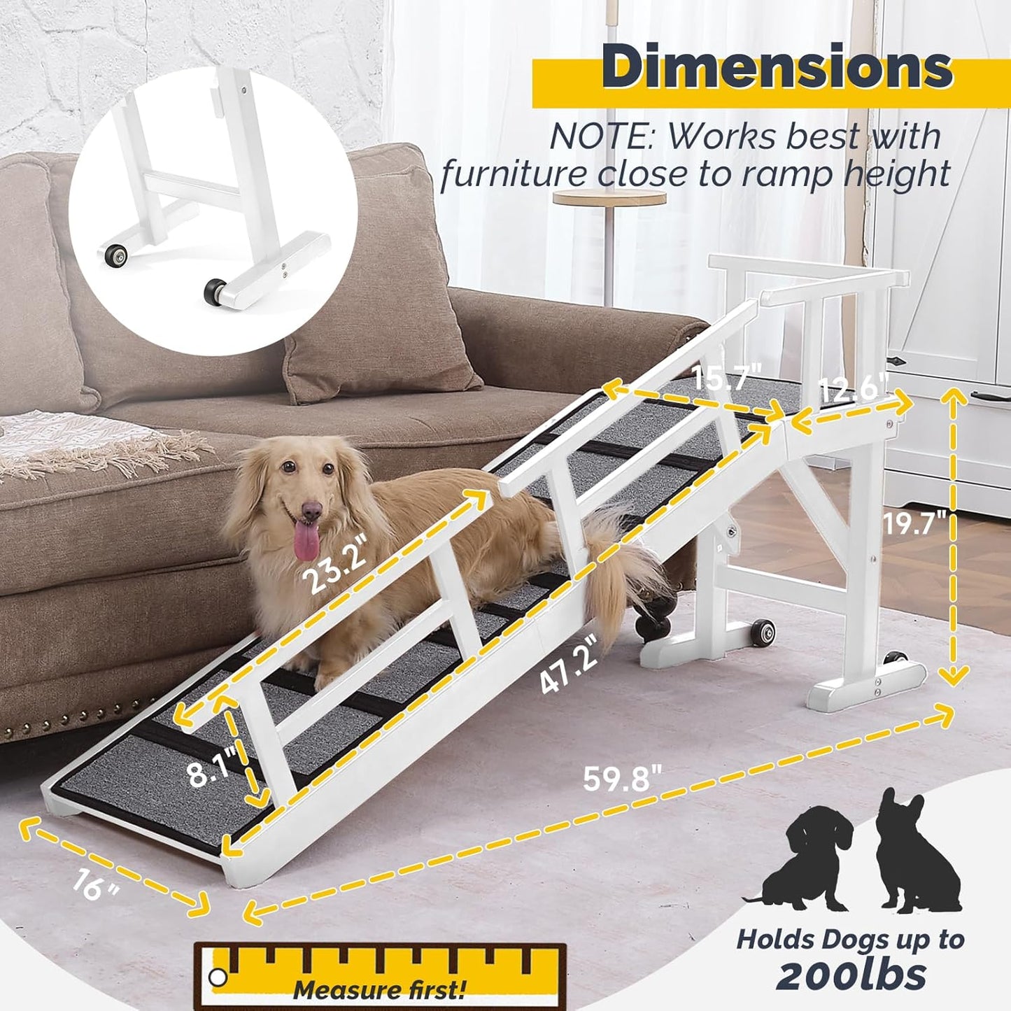 Dog Ramp for Bed or Couch, Wooden Pet Ramp with 20° Gentle Slope, Removable Side Rails, Non-Slip Surface, Top Platform & Wheels, Safe Bed Ramp for Small, Large & Senior Dogs, 60" Long, Mahogany