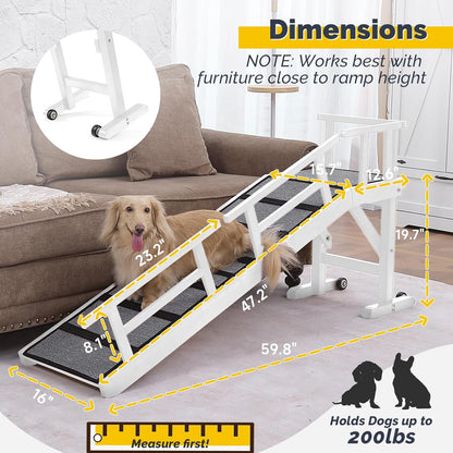 Dog Ramp for Bed or Couch, Wooden Pet Ramp with 20° Gentle Slope, Removable Side Rails, Non-Slip Surface, Top Platform & Wheels, Safe Bed Ramp for Small, Large & Senior Dogs, 60" Long, Mahogany