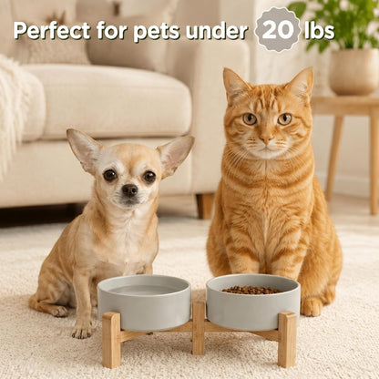 SPUNKYJUNKY Elevated Dog Bowls Ceramic, 6.1'' Dogs and Cat Food Water Bowls Raised with Non-Slip Bamboo Stand for Medium Sized Breed Microwave Dishwasher Safe - 28.7 OZ,Beige