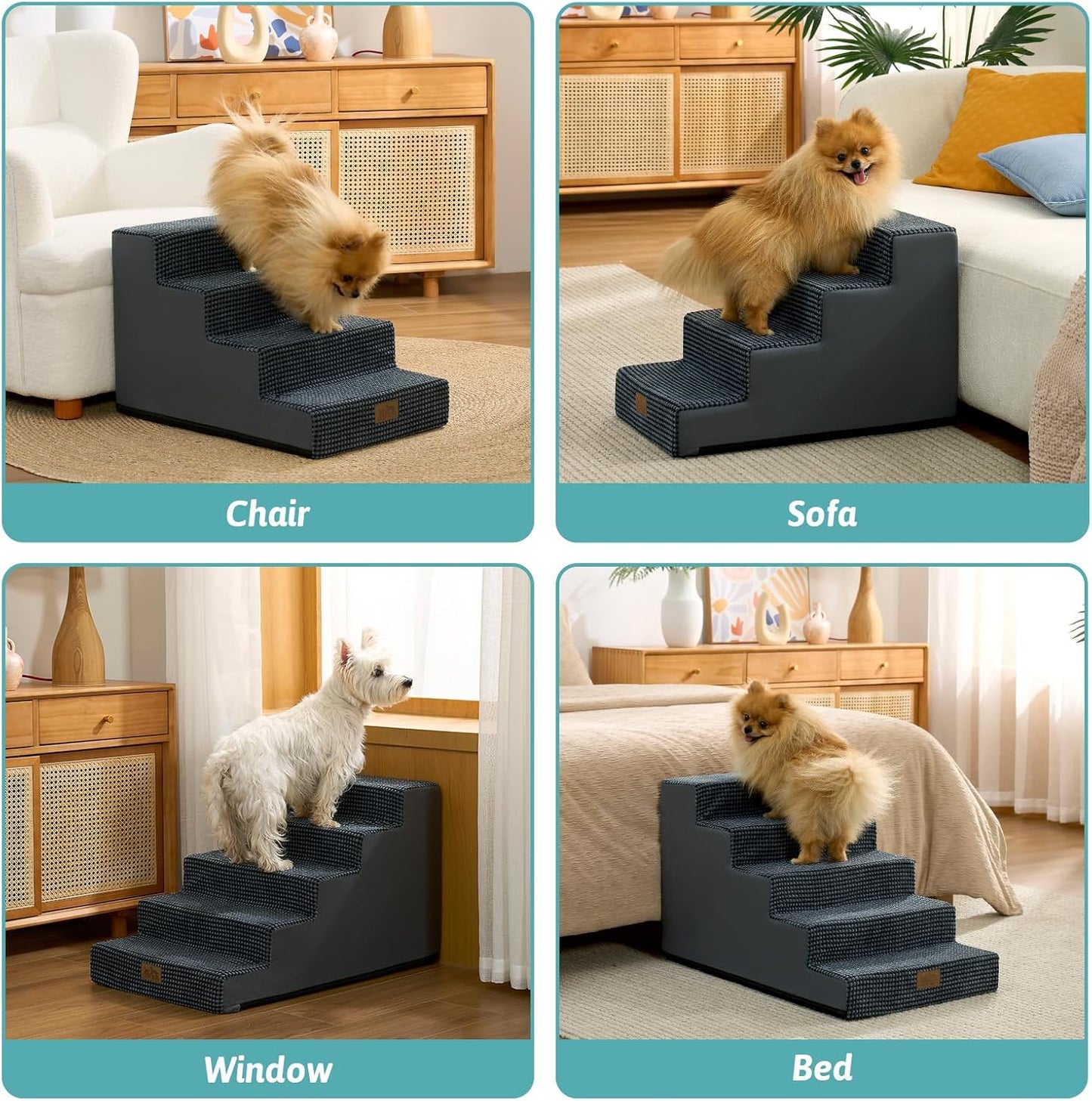 COZY KISS Dog Stairs for Small Dogs, 4 Tier Wider Pet Stairs for Couch and Beds, 17.7" H Non-Slip Dog Steps for Old Cats, Puppy, Small Medium Dogs, 17.7x23.6x17.7 inch, Beige