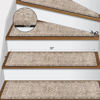 Tiveney Stair Treads Non Slip 15PCS 8"x30" Stair Runner, Rubber Backing Carpet Stair Treads for Wooden Steps, Washable Safety Carpet for Stairs Khaki Indoor Staircase Step Treads for Kids Elder Dogs