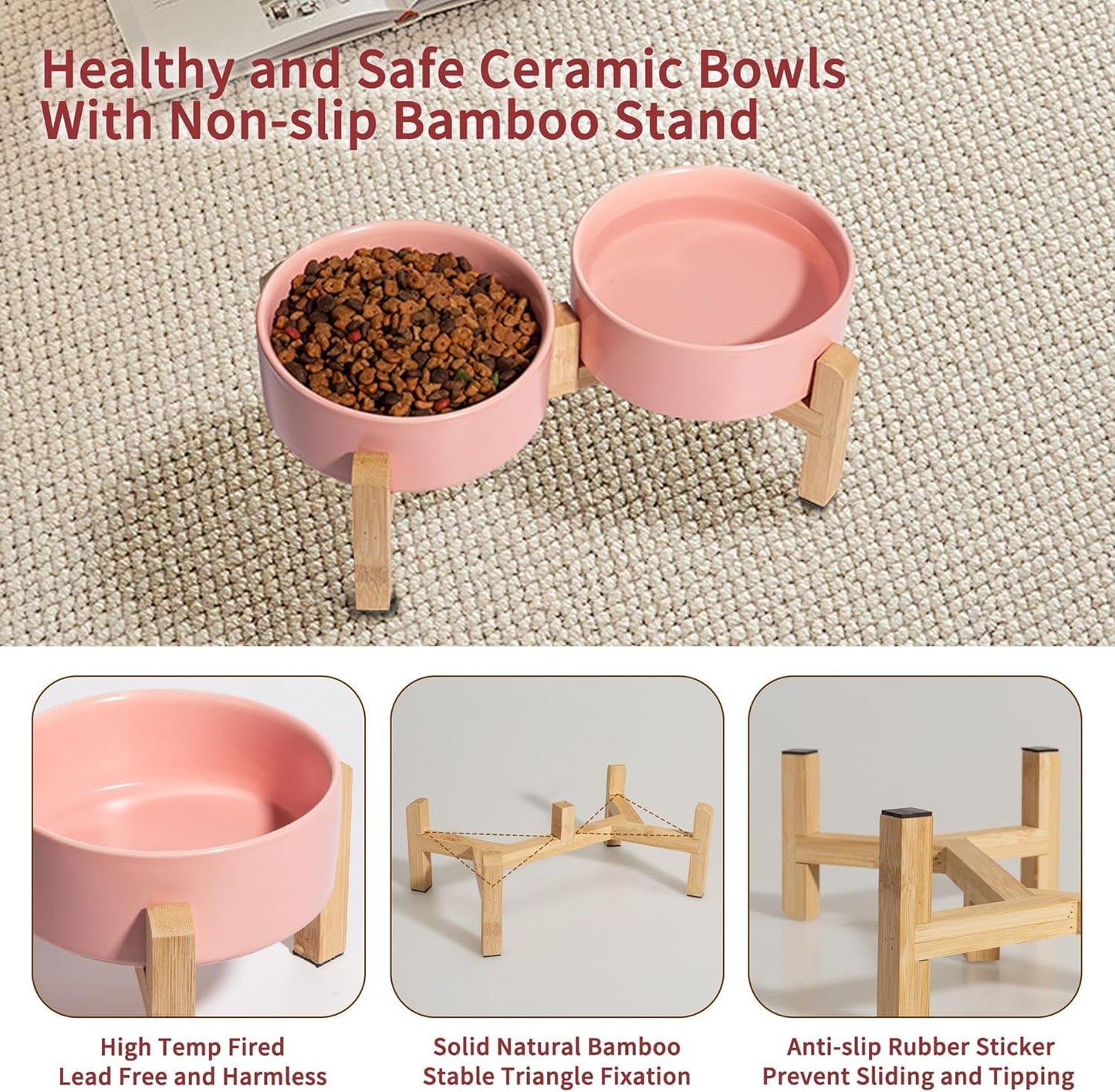 Elevated Ceramic Dog Bowl Set - Raised Dog Bowls with Non-Slip Bamboo Stand - Dog Food and Water Bowl Set - Double Dog Feeding Bowls - Suitable for Small and Medium Dogs - 28.74 OZ - 3.6 CUPS - 850 ML