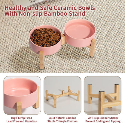 Elevated Ceramic Dog Bowl Set - Raised Dog Bowls with Non-Slip Bamboo Stand - Dog Food and Water Bowl Set - Double Dog Feeding Bowls - Suitable for Small and Medium Dogs - 28.74 OZ - 3.6 CUPS - 850 ML