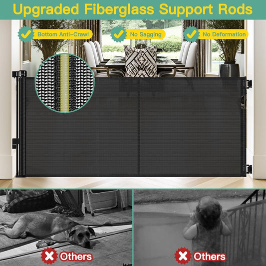 96 Inch Wide Reinforced Retractable Baby Gate with Support Rods, Extra Long Dog Gate Retractable Gate Outdoor Gates for Decks, Prevent Crawling Under Extra Long Baby Gates for Large Openings, Black