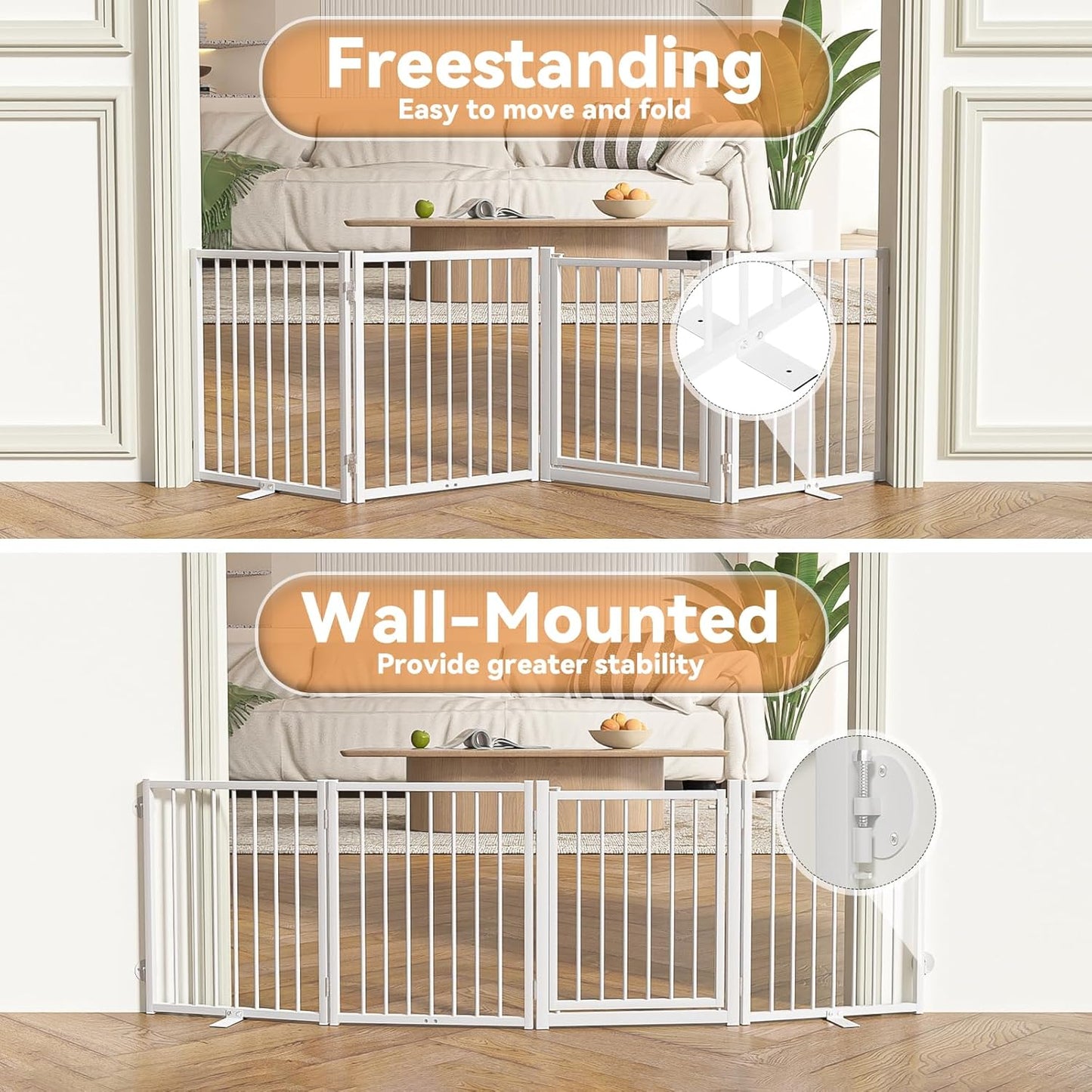SNUOWU Full Metal Freestanding Dog Gate with Door, 32''Height Foldable Pet Dog Fence for Indoor & Outdoor, 4 Panels Extra Wide Free Standing TallDog Gates for Doorways,House,Stairs,Porch,Deck,Yard