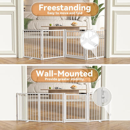 SNUOWU Full Metal Freestanding Dog Gate with Door, 32''Height Foldable Pet Dog Fence for Indoor & Outdoor, 4 Panels Extra Wide Free Standing TallDog Gates for Doorways,House,Stairs,Porch,Deck,Yard