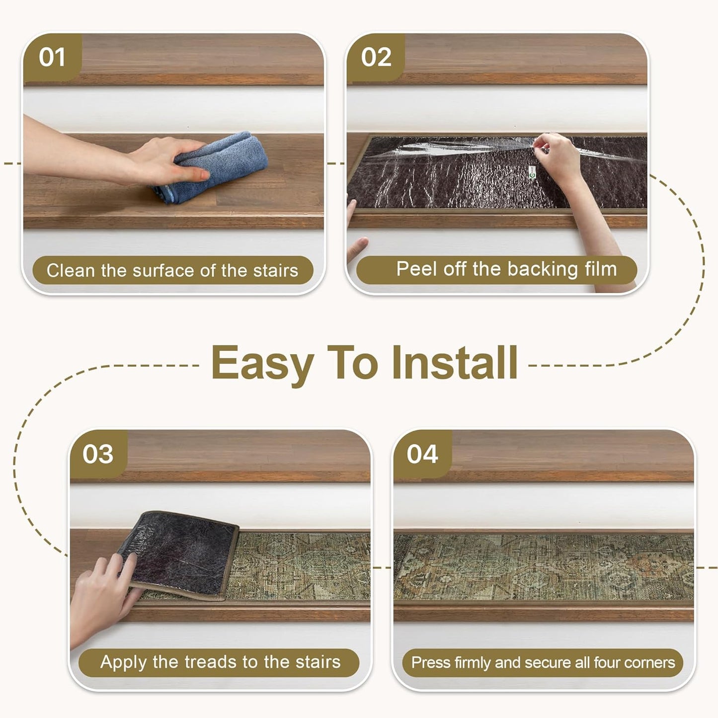 sarben Non Slip Stair Treads for Wooden Steps 15PCS - 8"x30" Indoor Safety Carpet, Edging Mats with TPE Adhesive Backing, Pet and Elderly Friendly Stair Rugs (Taupe) - Colors B
