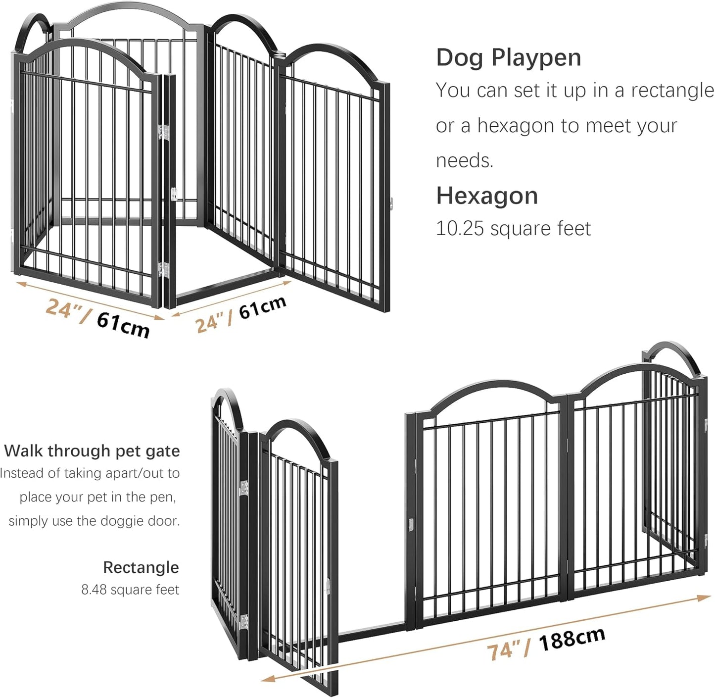 BHG Metal No-Assembly Freestanding Dog Gate with Door Walk Through, Extra Wide 144", Extra Tall 32" Pet Gate, Accordion Puppy Folding Playpen Dog Fence, with 2PCS Support (Black, 6 panesl)