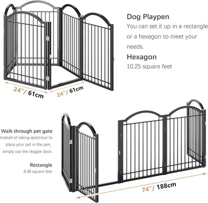 BHG Metal No-Assembly Freestanding Dog Gate with Door Walk Through, Extra Wide 144", Extra Tall 32" Pet Gate, Accordion Puppy Folding Playpen Dog Fence, with 2PCS Support (Black, 6 panesl)
