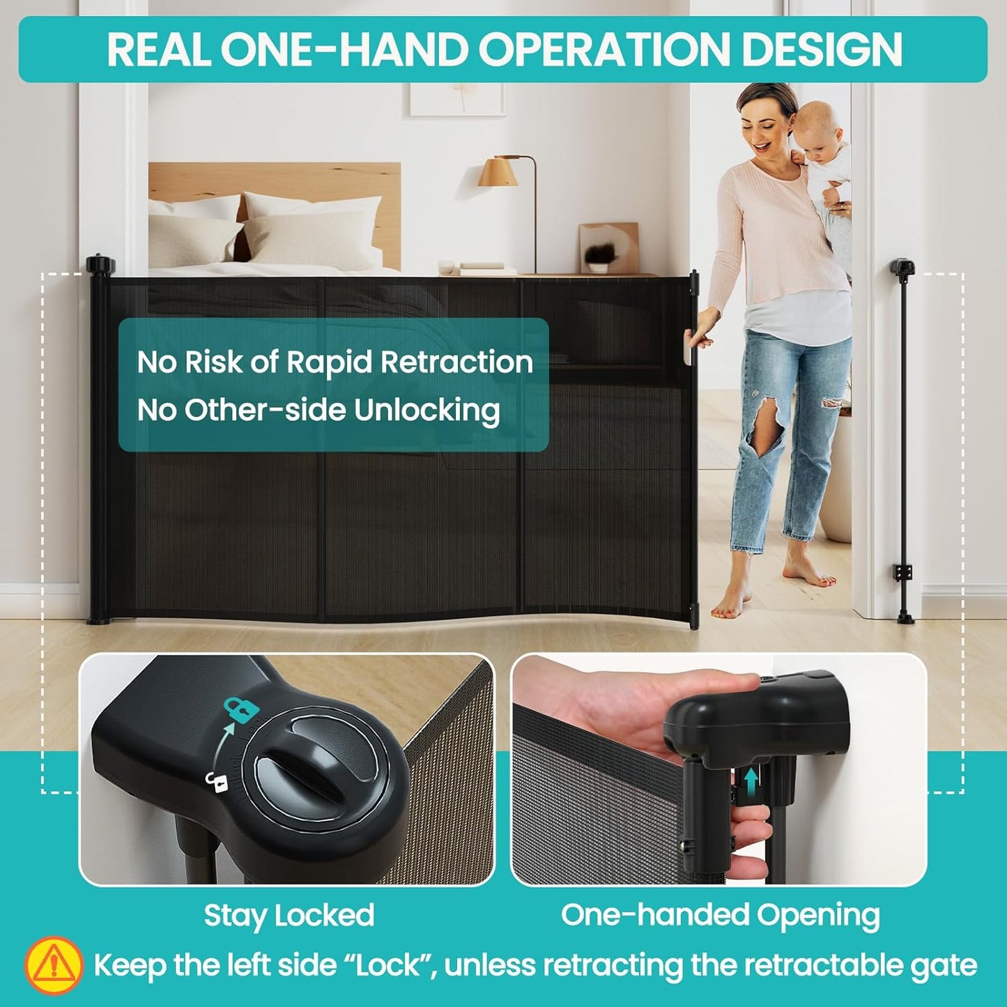 Upgrade Retractable Baby Gates Extra Wide (150" W x 42" H), 150 inch Reinforced Retractable Dog Gate to Prevent Crawling Through, Retractable Gate Outdoor/Indoor, Real One-Handed Operation, Black