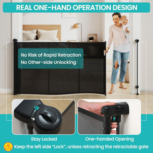 Upgrade Retractable Baby Gates Extra Wide (150" W x 42" H), 150 inch Reinforced Retractable Dog Gate to Prevent Crawling Through, Retractable Gate Outdoor/Indoor, Real One-Handed Operation, Black