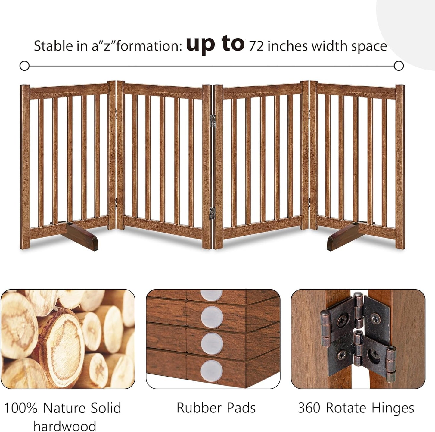 LZRS 2-Panel Wooden Free Standing Foldable Dog Gate Indoor – Solid Hardwood 24" High, Step-Over Safety Pet Gate for Doorways, Stairs & Small Spaces - Indoor Use, White