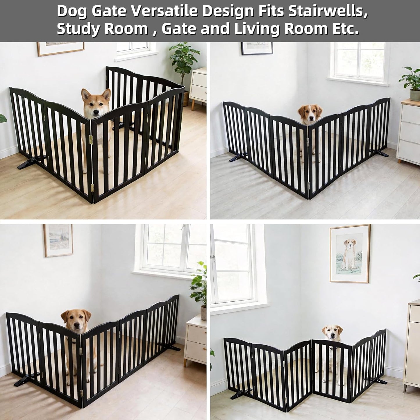 Freestanding Dog Gate Indoor,Doggie Gate Foldable Dog Gates for Doorways,Stairs or Hallways, Wooden White Pet Gate for the House, Pet Fence with Support Feet Included,24 "Height-4 Panels