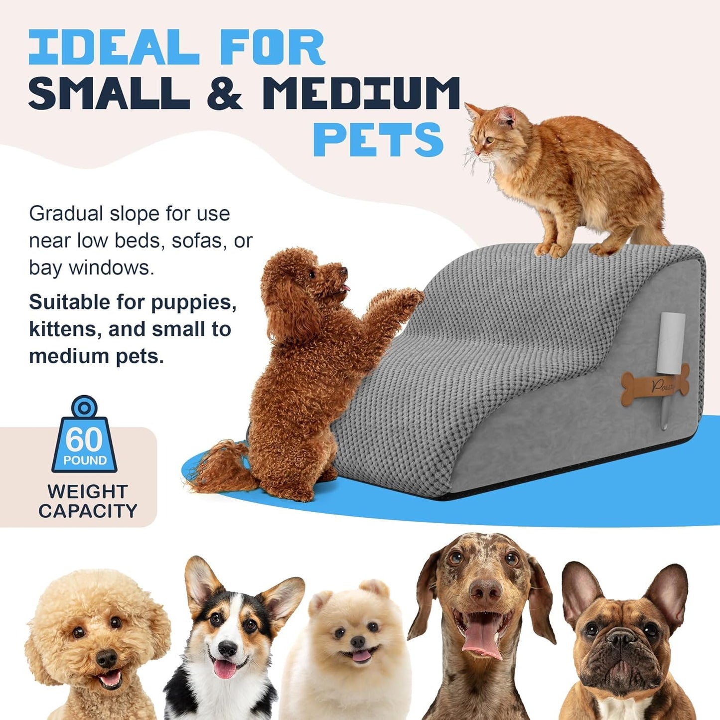 PAWZY Dog Stairs for Medium-Height Beds & Couches, 3-Step Foam Pet Steps 15.5” High for Small Dogs & Cats up to 60 lbs, Wide Non-Slip, Waterproof Washable Zipper Cover, No Assembly, Grey