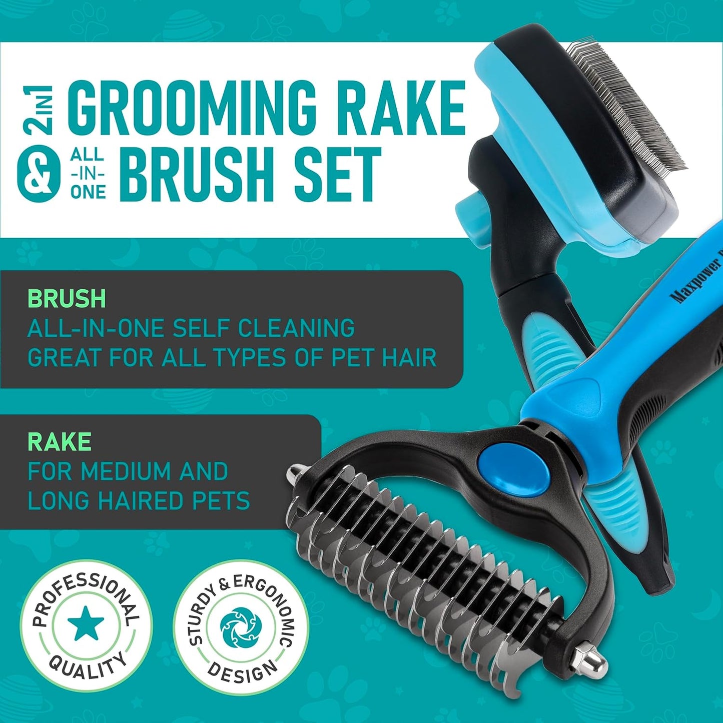 Maxpower Planet Hair Brush - Double Sided Shedding, Dematting Undercoat Rake for Dogs and Cats - Extra Wide Dog Grooming Brush, Reduce Shedding by 95%, Turquoise