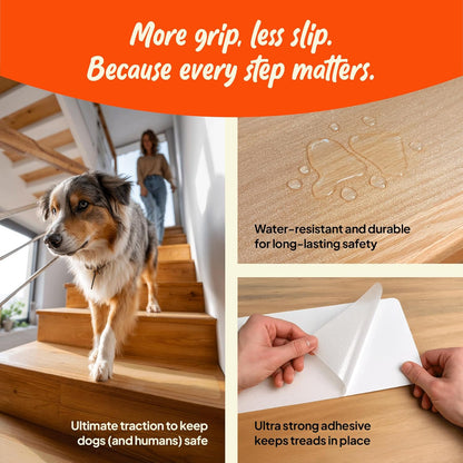Clear Anti-Slip Stair Treads – Transparent Adhesive Stair Strips for Dogs, Cats, & Elderly Pets, Non-Slip Step Traction Pads for Pet Safety, Easy to Apply & Remove – 15 Pack (24" x 6")