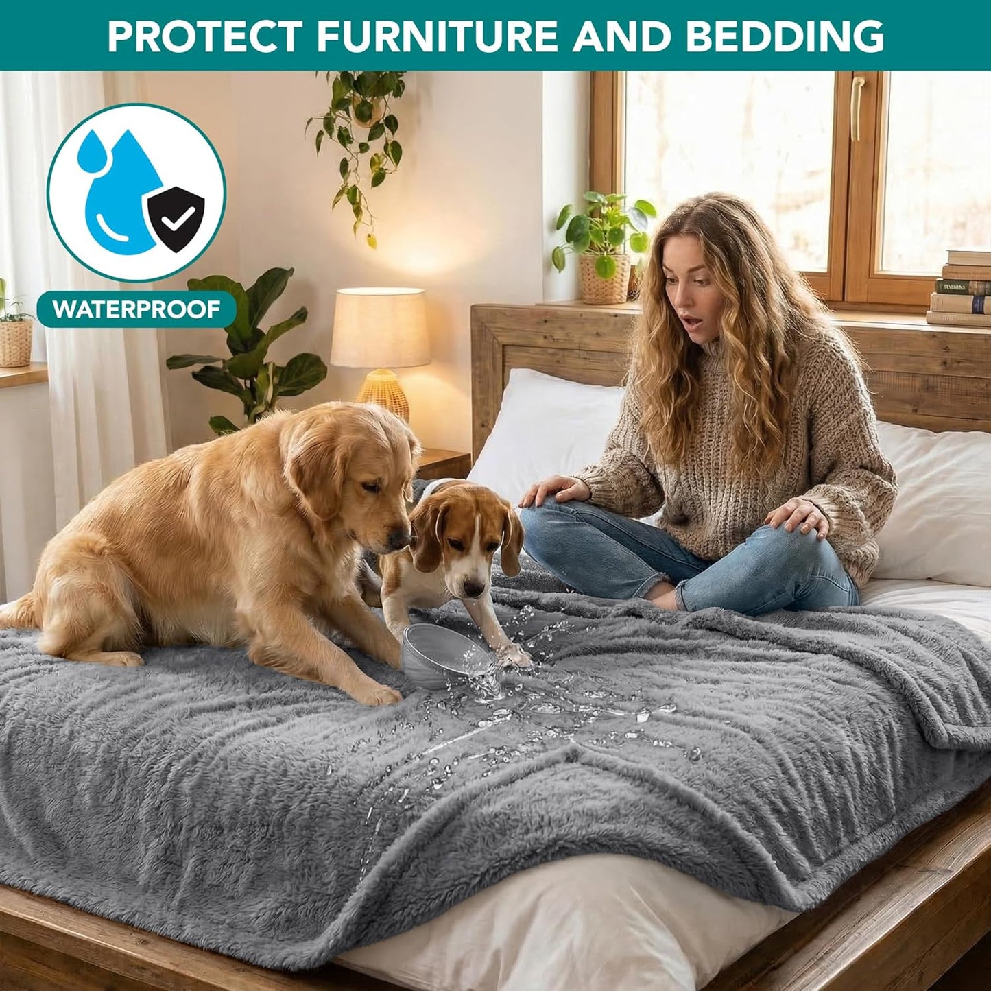 PetAmi Fluffy Waterproof Dog Blanket for Couch and Bed, Reversible Sherpa Pet Throw, Pee Proof Furniture Protector Sofa Cover, Washable Cat Blanket for Medium Large Dogs and Cats (Beige Cream, 60x80)