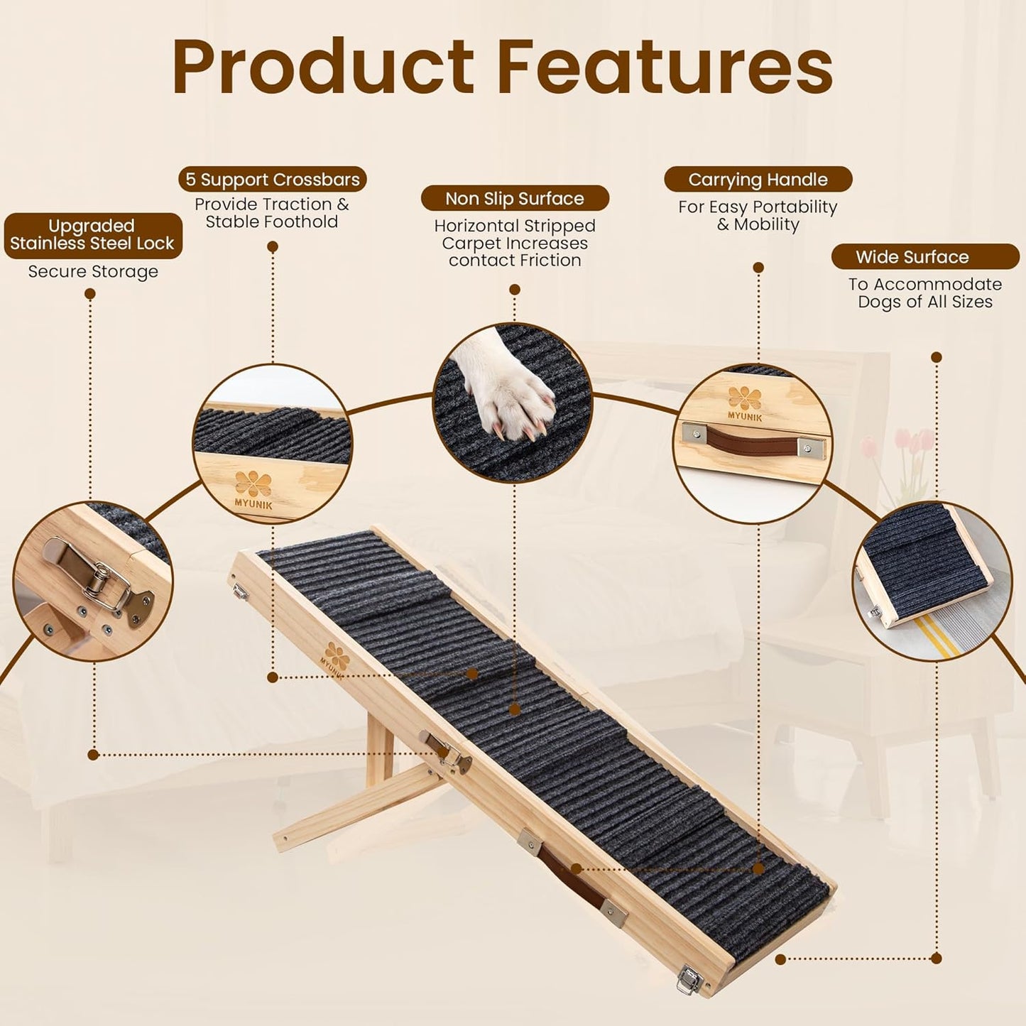 Upgraded 2026 MYUNIK Adjustable Small Dog Ramp 37.8" Foldable Solid Wood Pet Small Ramp with 5 Heights 13.6–21.5", Non-Slip Carpet Handle Ramp for Bed Couch Sofa & Car