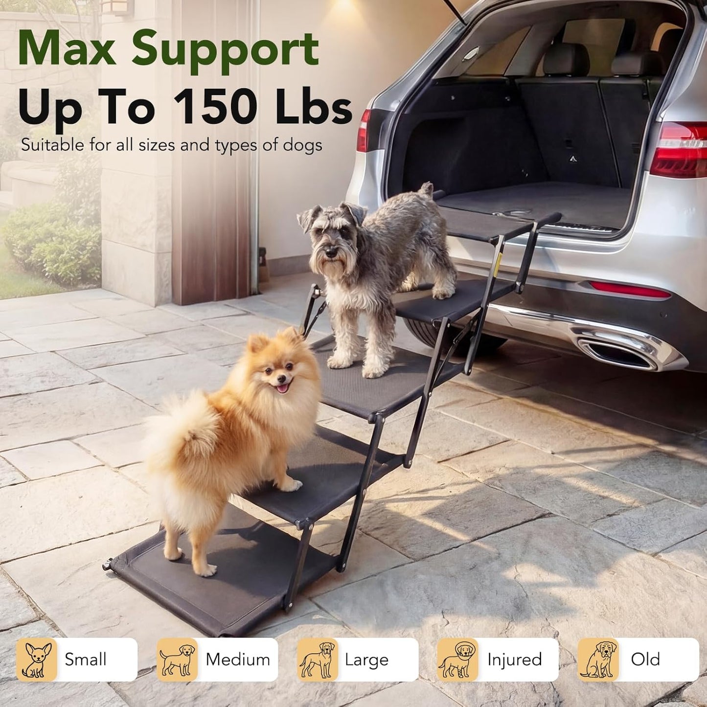 Extra Wide Dog Stairs for Car, Foldable Pet Steps for Large Dogs with Non Slip Surface, Dog Ramp for Truck and SUV, Portable Pet Stairs Supports Up to 150 Lbs (5 Steps)