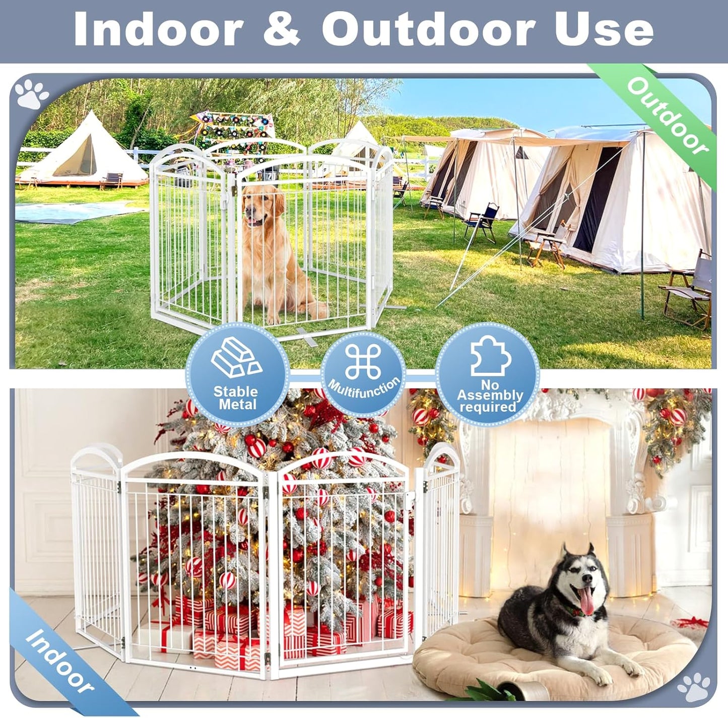 Full Metal Free Standing Dog Gate with Door for Indoor & Outdoor,96'' Extra Wide 32'' Tall Dog Gate for The Doorways,Large Openings,Decks,Porch,Pet Freestanding Safety Fence(4 Panels,Black)