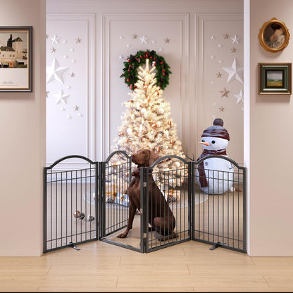 BHG Metal No-Assembly Freestanding Dog Gate with Door Walk Through, Extra Wide 144", Extra Tall 32" Pet Gate, Accordion Puppy Folding Playpen Dog Fence, with 2PCS Support (Black, 6 panesl)