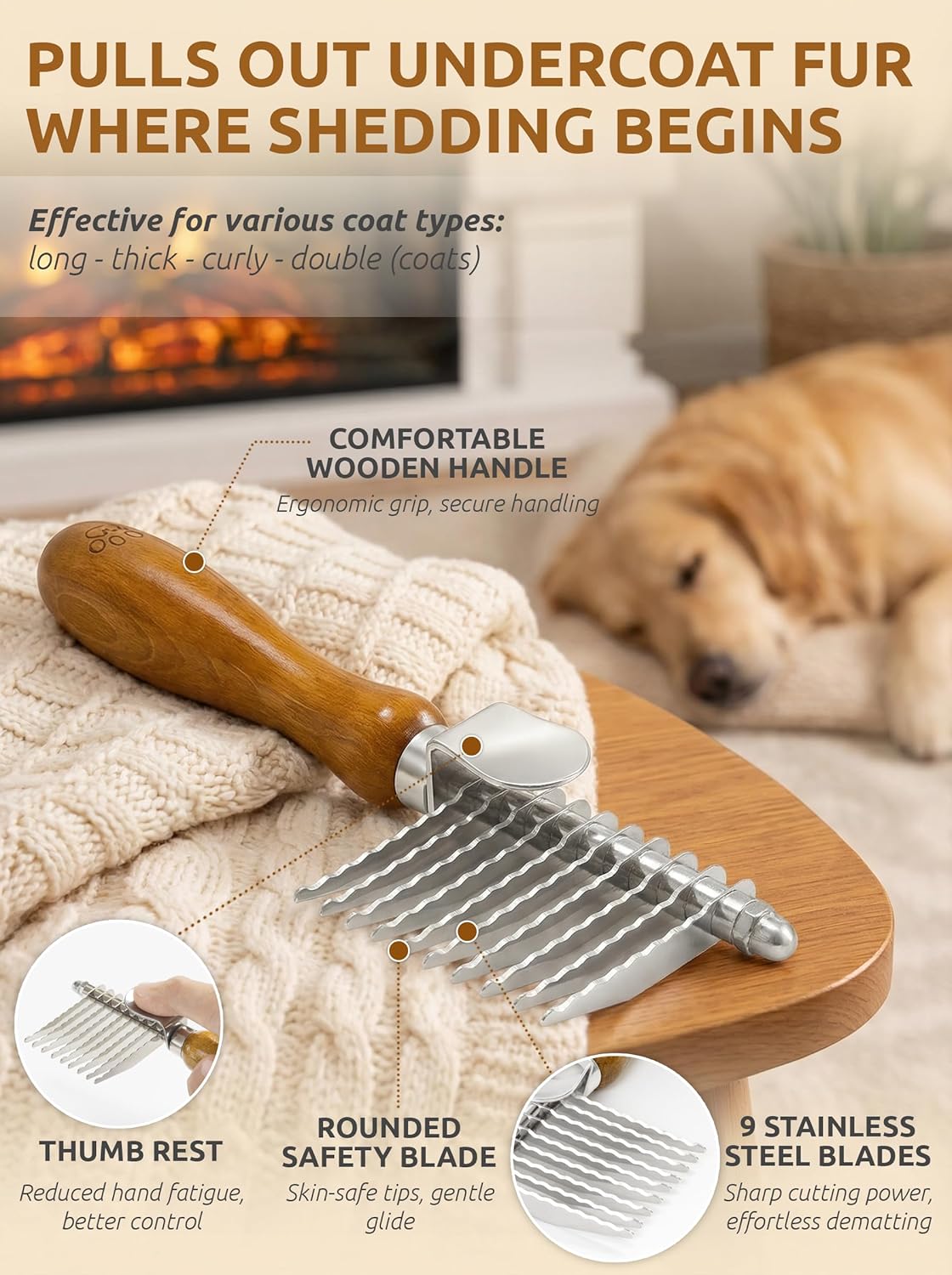 TAKAVU Dematting Comb for Dogs and Cats with Long Hair - 9-Blade Undercoat Rake for Removing Mats, Tangles and Knots - Deshedding Grooming Tool for Doodles and Double-Coated Pets