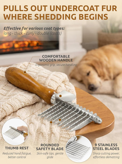TAKAVU Dematting Comb for Dogs and Cats with Long Hair - 9-Blade Undercoat Rake for Removing Mats, Tangles and Knots - Deshedding Grooming Tool for Doodles and Double-Coated Pets