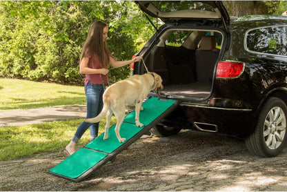 Pet Gear Tri-Fold Portable Pet Ramp for Dogs and Cats, 71" Long, Extra Wide, Holds up to 200lbs, Patented Design, Compact/Easy Fold with Safety Tether, Titanium