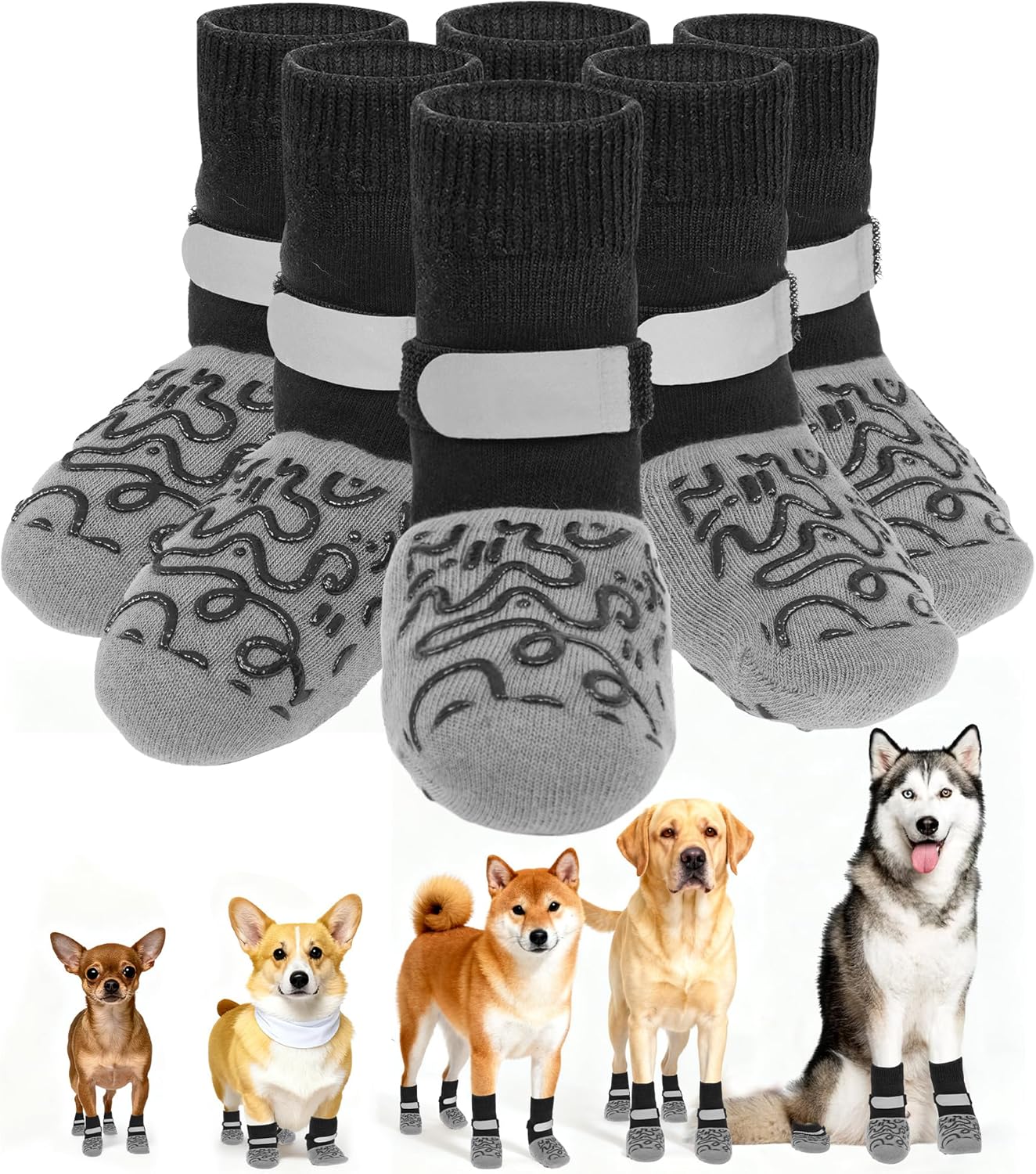 6Pcs Non Slip Dog Socks for Hardwood Floors, 3rd Gen Dog Paw Protector, Prevent Licking Paws, Double Sided Grips and Reflective Straps, Large Size