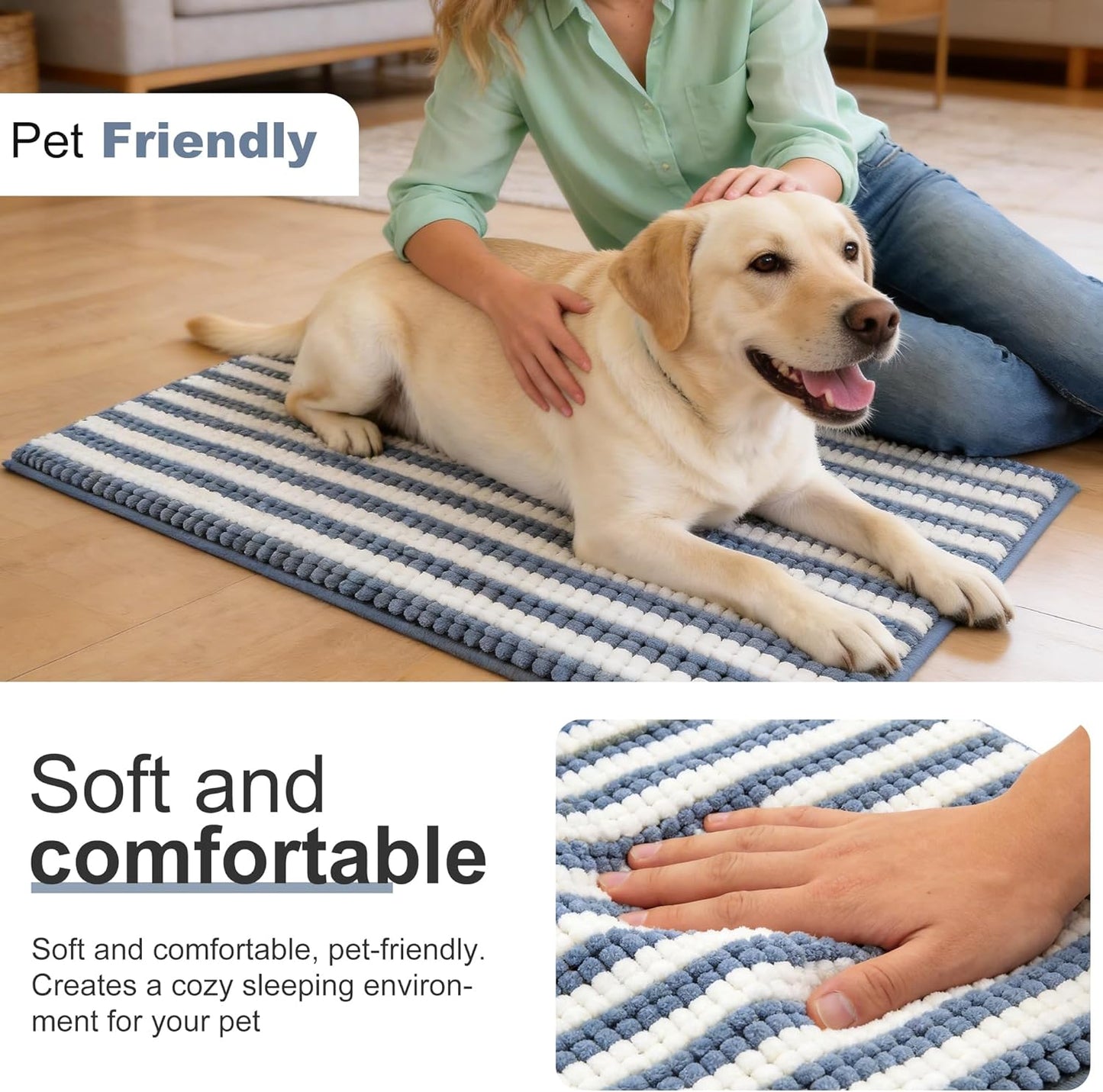 pobopobo Dog Door Mat for Muddy Paws - Absorbent & Washable Chenille Rug, Non-Slip Dirt Trapper for Indoor Outdoor Entryway, Quick Dry Pet Mat for Muddy Dogs (Striped Gray-Blue&White, 24" x 16")