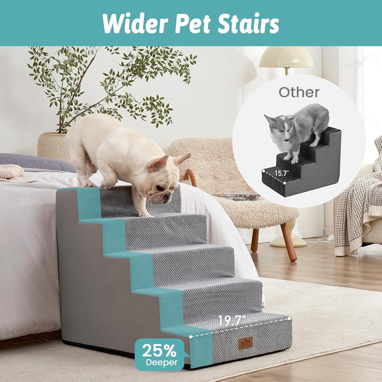 COZY KISS Dog Stairs for Small Dogs, 4 Tier Wider Pet Stairs for Couch and Beds, 17.7" H Non-Slip Dog Steps for Old Cats, Puppy, Small Medium Dogs, 17.7x23.6x17.7 inch, Beige