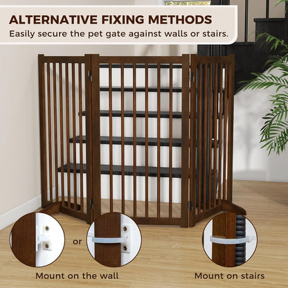 36" H Freestanding Dog Gate, Solid Wood Foldable Pet Gate with Support Feet, Wooden Tall Dog Gate for Doorway, Stairs & Indoor Use, 60" Wide Expandable Pet Fence, 3 Panels, Walnut