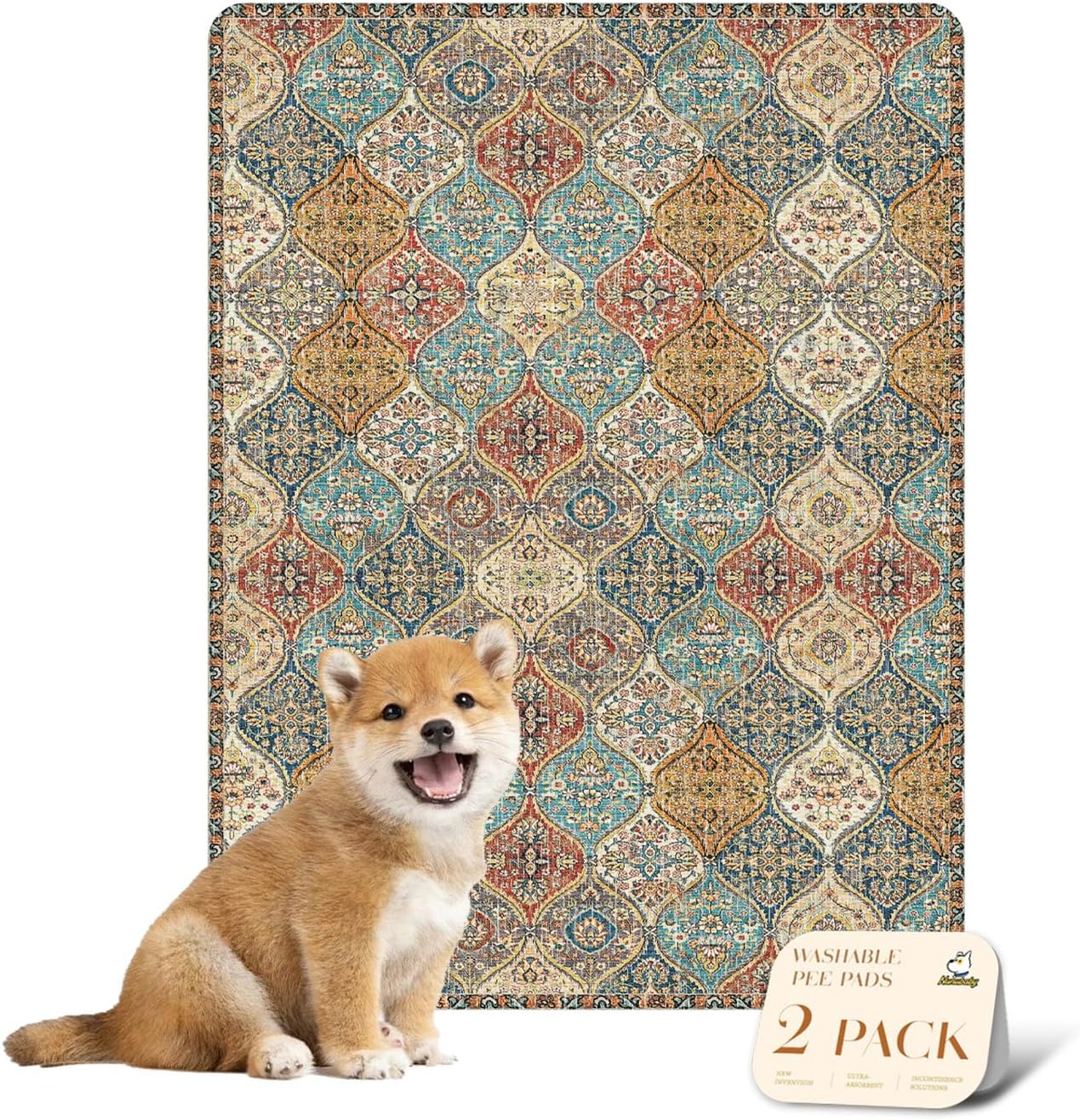 nunubaby Washable Pee Pads for Dogs, Stylish, Non-Slip and Leak-Proof Pee Pads. Reusable Potty Pads for Dogs for Crates and Floors.(Beige/Multi, 24" x48" )