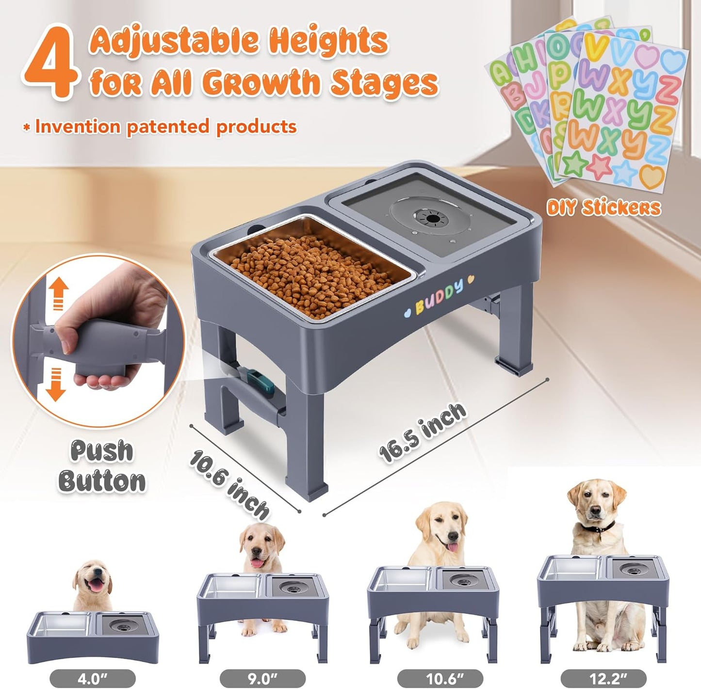 Decflow 3-in-1 Elevated Dog Bowls, 4 Height Adjustable Raised with Stainless Steel, Slow Feeder, No Spill Water Bowl, DIY Stickers Foldable Pet Bowl for Medium Large Dogs