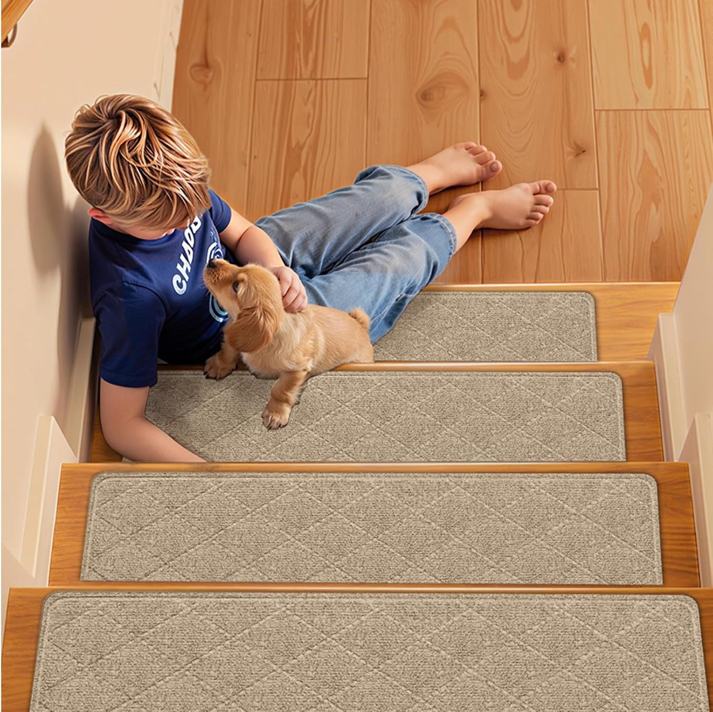 Stair Treads Non-Slip for Wooden Steps, 15Pack - 8" x 30" Edging Stair Runner Indoor for Kids Elders & Pets, Washable Carpet Stair Treads with Peel & Stick Reusable TPE Backing, Beige