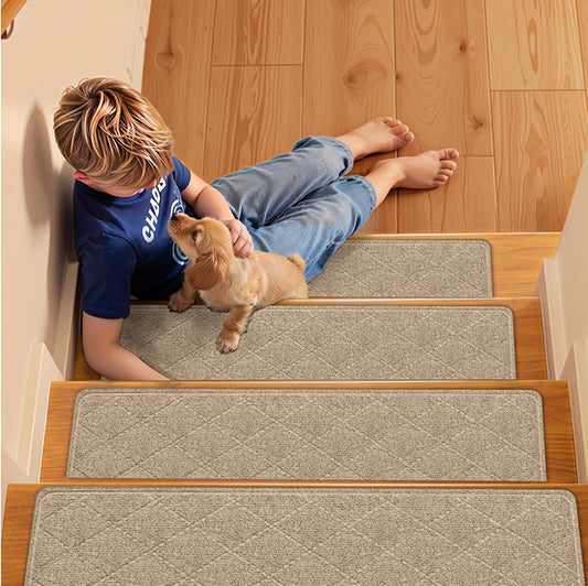 Stair Treads Non-Slip for Wooden Steps, 15Pack - 8" x 30" Edging Stair Runner Indoor for Kids Elders & Pets, Washable Carpet Stair Treads with Peel & Stick Reusable TPE Backing, Beige