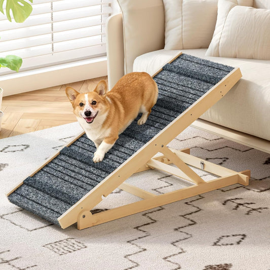 TIMHAKA Dog Ramp for Bed, 40 Inch Dog Ramp for Couch, Supports Up to 150lbs, with 10.2" to 26.8" 7 Height Setting, Non Slip Carpet Surface and Foot Pads, Wooden Folding Pet Ramps for High Bed, Sofa