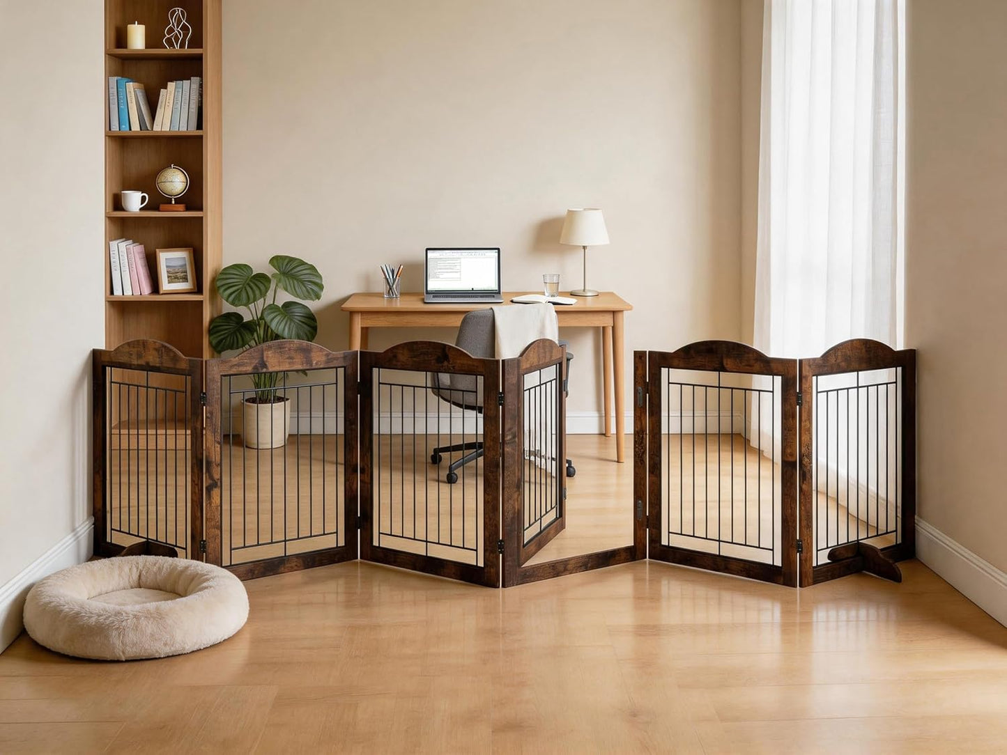 Vantas Espresso Wooden Folding Dog Gate 144" Wide x 30" Tall with Door, Freestanding Pet Gate, Pet Puppy Safety Fence