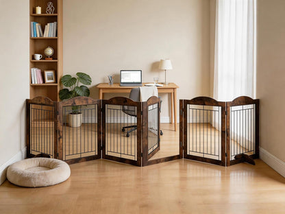 Vantas Espresso Wooden Folding Dog Gate 144" Wide x 30" Tall with Door, Freestanding Pet Gate, Pet Puppy Safety Fence