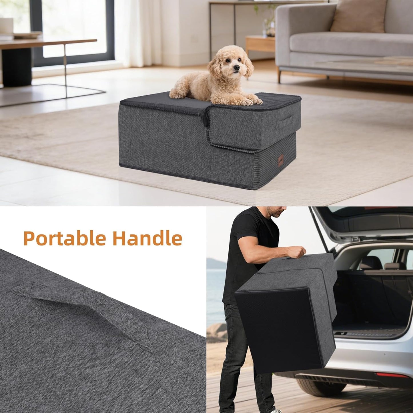 Dog Stairs for Small Dogs, 13.5" H, 3-Step Pet Steps for Couch Sofa and Chair, Non-Slip Balanced Pet Ramp for Medium Cats,Indoor Dog Ladder, Grey