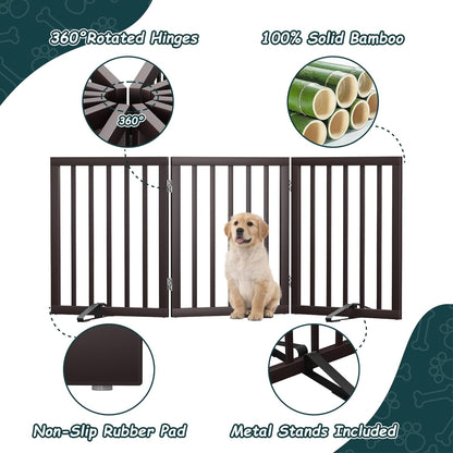 Freestanding Dog Gates Indoor, 3-Panel Pet Gates with 2 Metal Stands and 360° Hinge, 24" H Foldable Dog Gate for Stairs, Doorway, Kitchen, Expands Up to 55" Fully Assembled - Black Walnut
