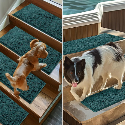 Muddy Mat® Pack of 4 - Soft Chenille Stair Treads Non-Slip Reusable, Super Absorbent Stair Treads for Wooden Steps, Tile & Marble Floor, Easy to Install & Machine Washable - Grey 30'' x 7''