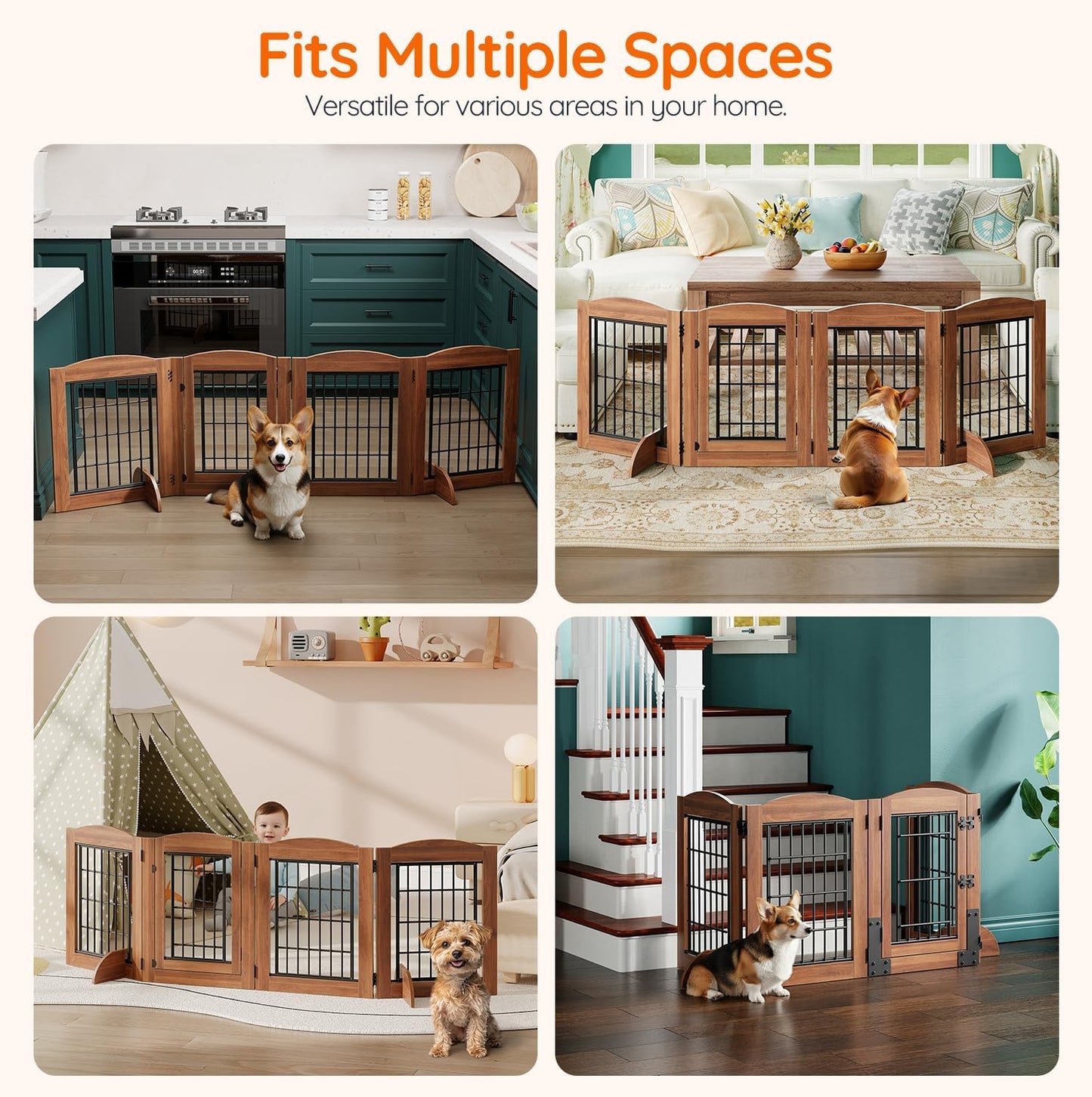 HOOBRO Dog Gate with Door Walk Through, 24.8'' Tall Freestanding Pet Gate with 2 Support Feet, Foldable Dog Fence Indoor, 360° Rotating Hinges, for Doorways, Stairs, Walnut BH85PP03