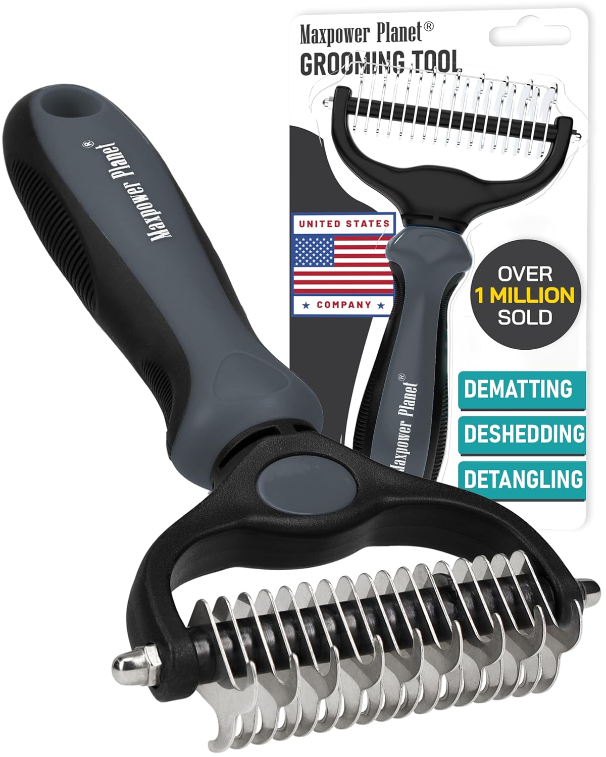 Maxpower Planet Dog Rake and Dog Hair Brush - Gently Removes Loose Undercoat, Mats and Tangled - Deshedding Grooming Tool for Dogs & Cats - Self Cleaning Slicker Brush - All Hair Types