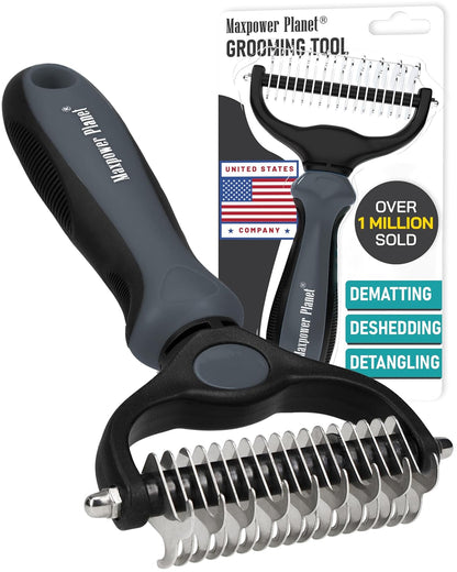 Maxpower Planet Dog Rake and Dog Hair Brush - Gently Removes Loose Undercoat, Mats and Tangled - Deshedding Grooming Tool for Dogs & Cats - Self Cleaning Slicker Brush - All Hair Types