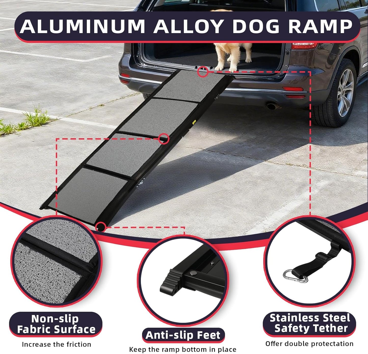 PENSUN Dog Ramp for Car, 71" x 20" Foldable Pet Ramp with Non-Slip Rug Surface, Portable Dog Car Ramp for Medium & Large Dogs Up to 250LBS Enter SUV Car & Truck