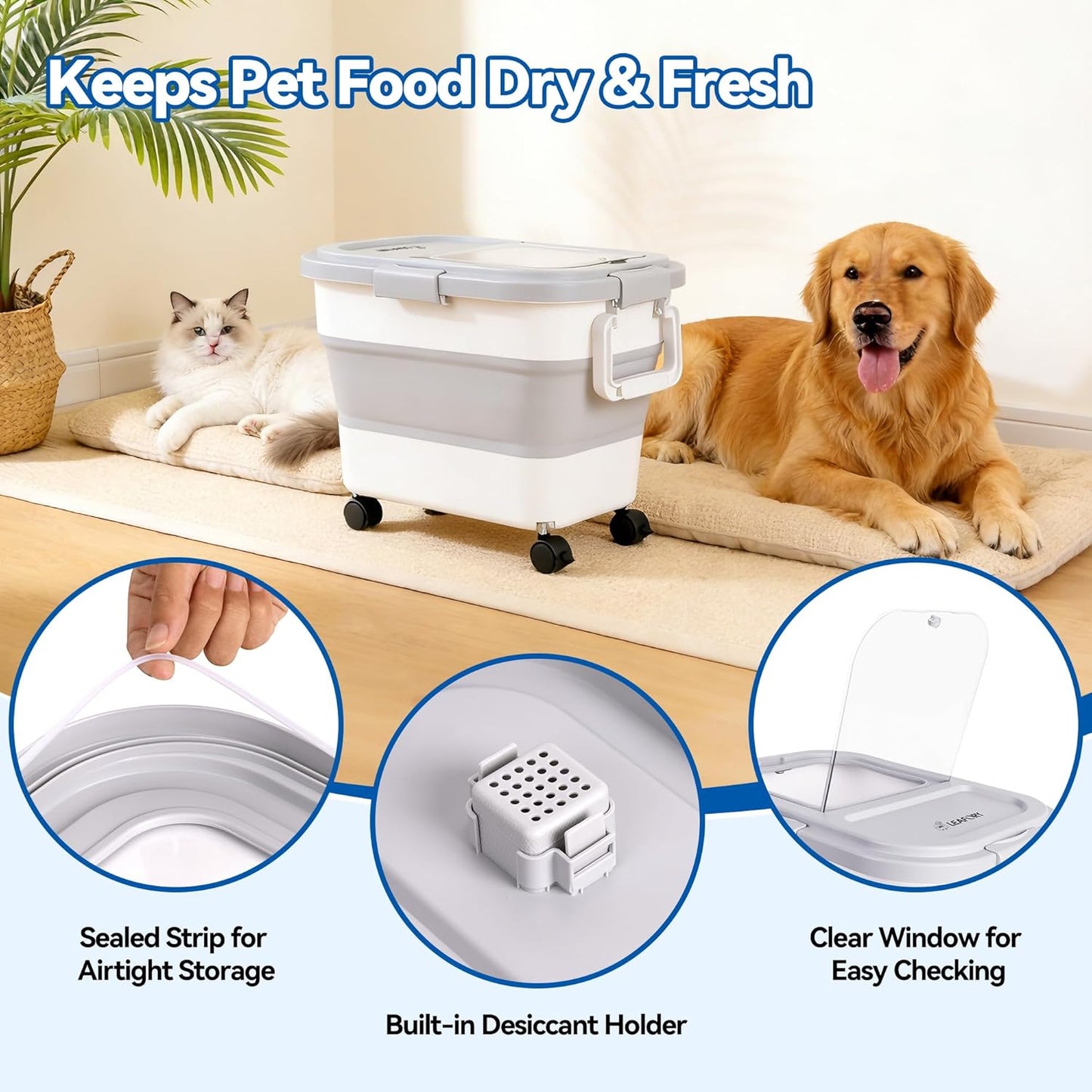 Dog Food Storage Container 30-40lbs, Airtight Pet Food Bin with Locking Lid & Clear Window, Collapsible Rolling Storage Container with Wheels & Scoop, Gray