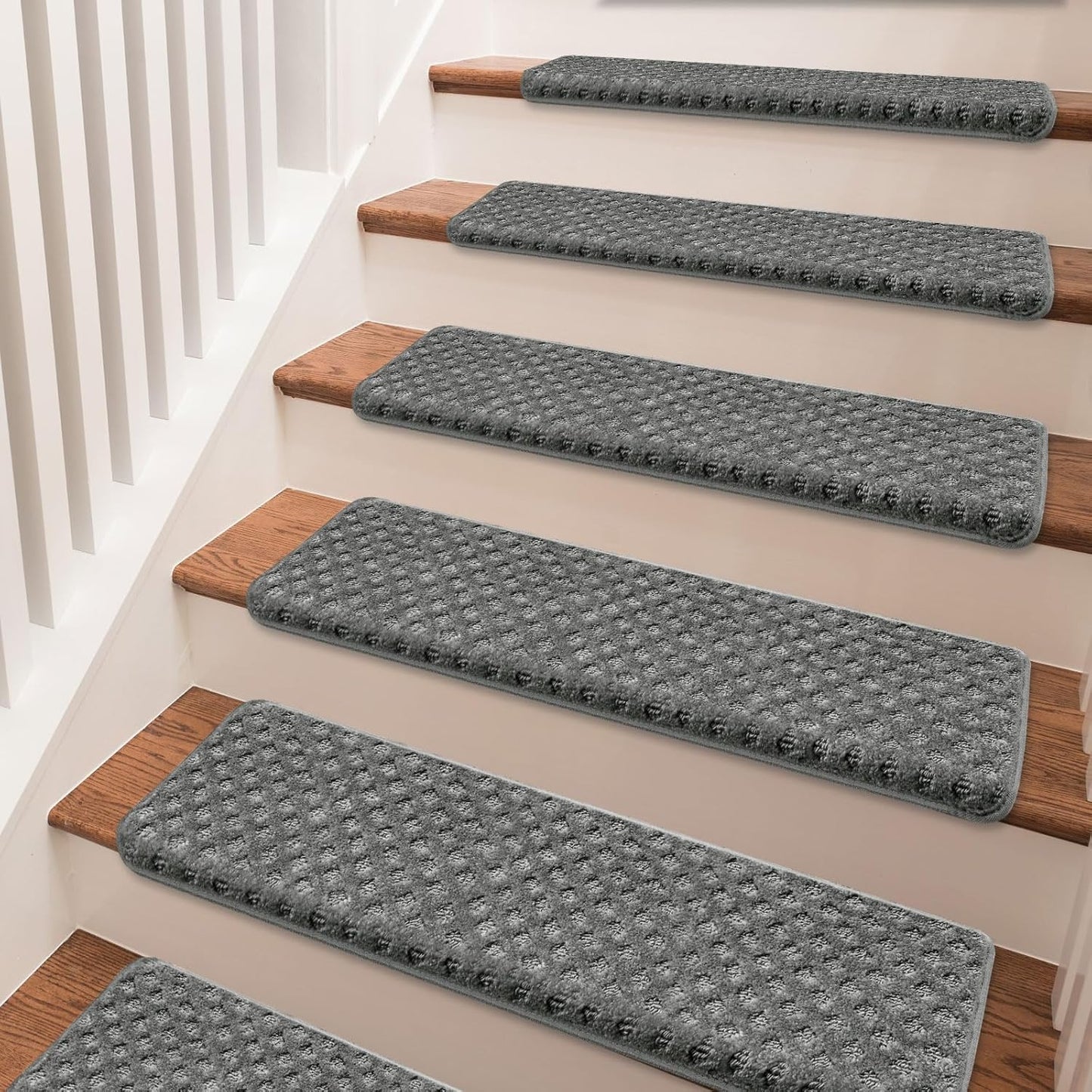 PURE ERA Bullnose Carpet Stair Treads Set Tape Free Non-Slip Indoor Stair Protectors Pet Friendly Rugs Covers Soft Skid Resistant Washable Reusable 9.5" x 30"(14 Pieces,Cream Gray)